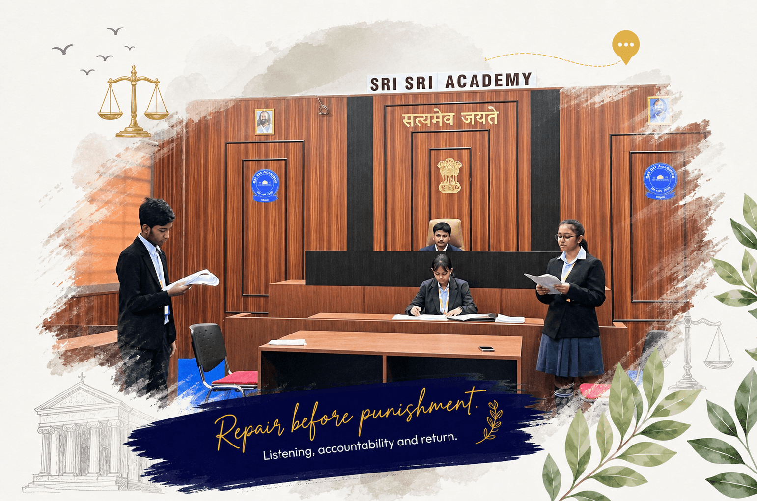 A student presenting a case to the bench in the mock court