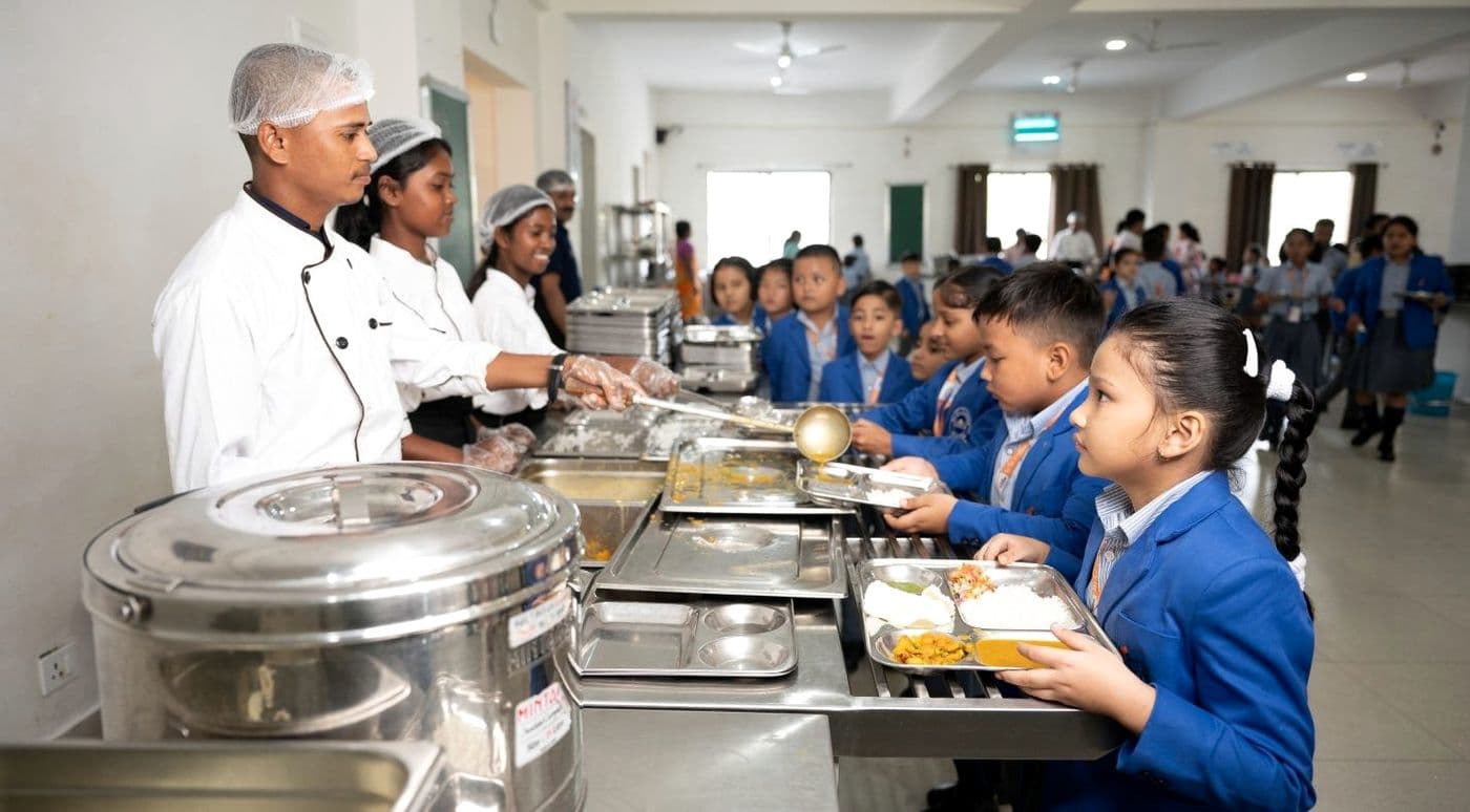Sri Sri Academy students being served a balanced meal in the dining hall