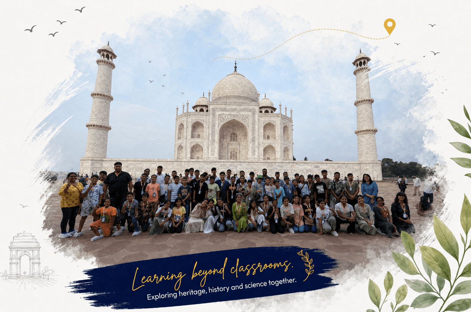 Sri Sri Academy students photographed at the Taj Mahal during a Connect-ed trip